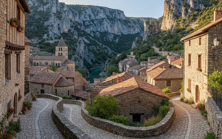 Vue panoramique du village médiéval de Sainte-Enimie et des Gorges du Tarn.