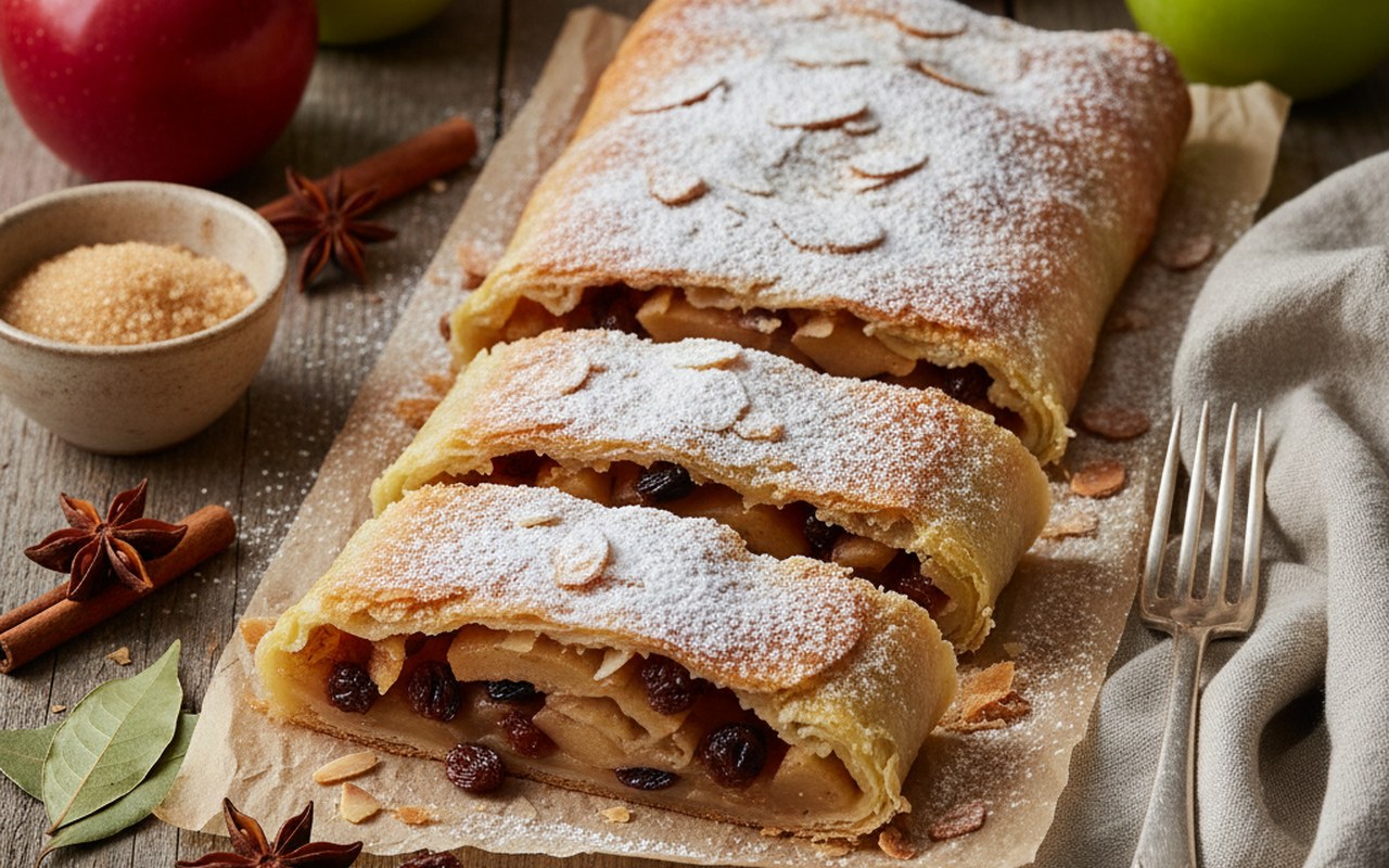 Strudel aux pommes doré avec raisins et amandes sur une table en bois