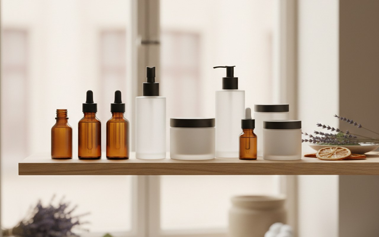 Produits de beauté Typology sur une étagère minimaliste, mettant en avant leur design épuré.