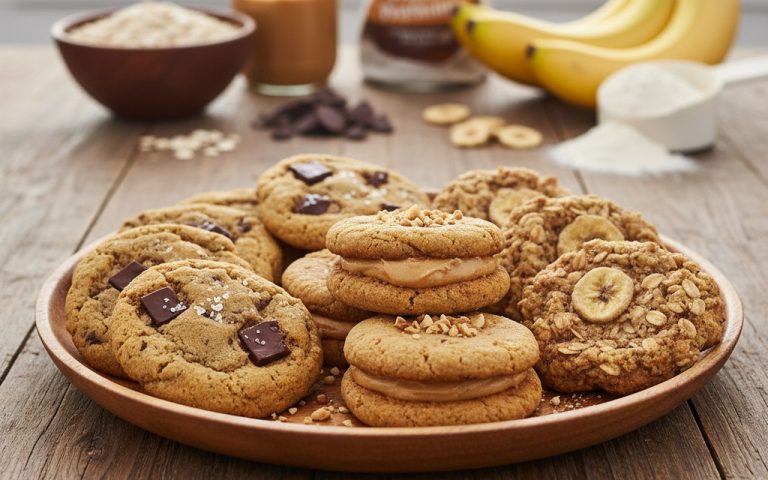 Assiette de cookies protéinés variés sur une table en bois avec des ingrédients visibles.