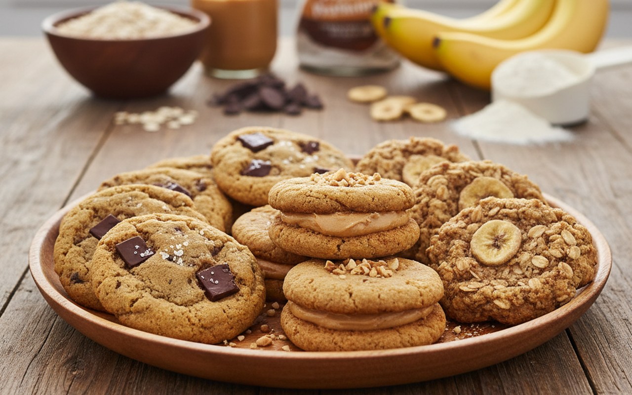 Assiette de cookies protéinés variés sur une table en bois avec des ingrédients visibles.