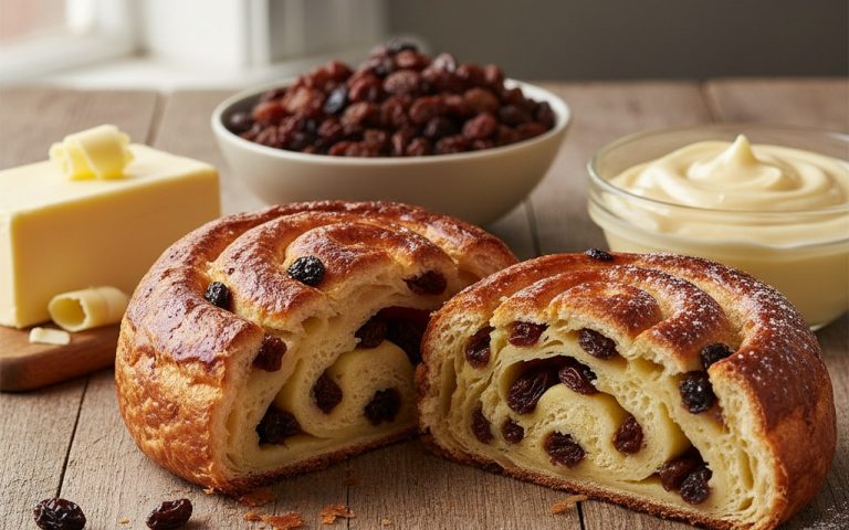 Pain aux raisins frais avec ingrédients sur une table en bois, illustrant sa richesse calorique.
