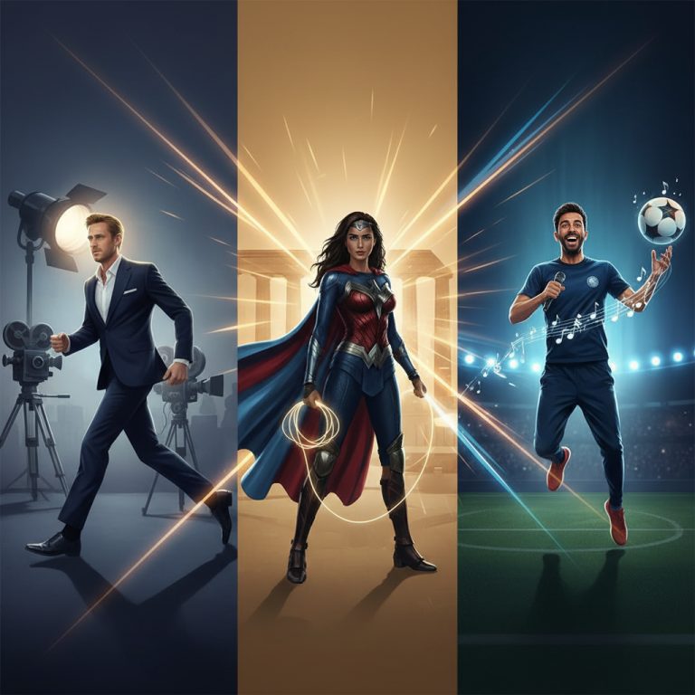 Illustration réaliste sur Les stars en G qui illuminent le cinéma, la musique et le sport